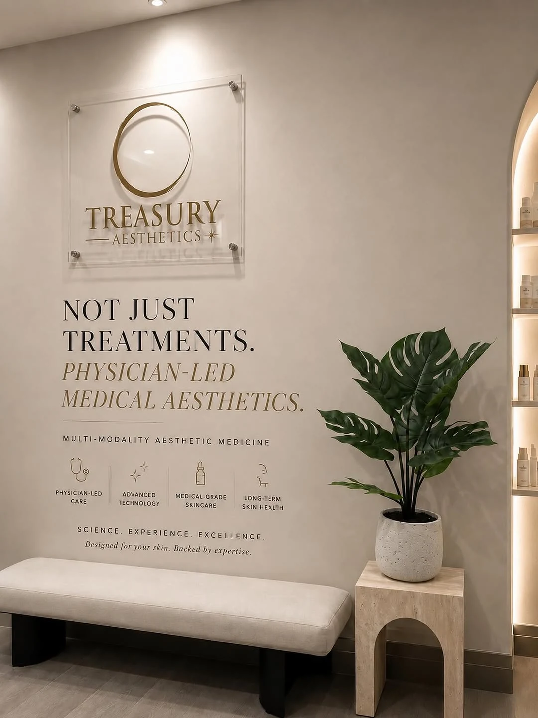 Treasury Aesthetics reception and feature wall — a calm, considered space in Toronto's Junction
